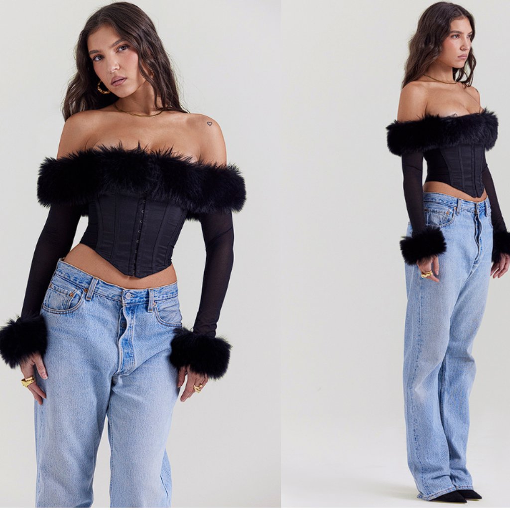 House Of Cb ‘Merle’ Black Faux Fur Trim Corset Nwt